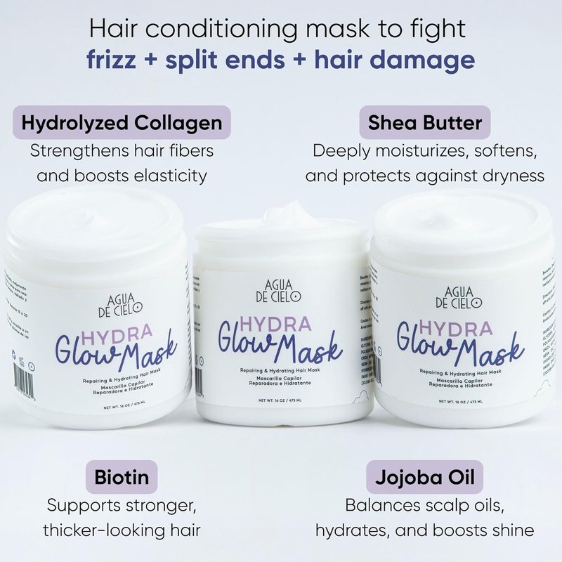 Hydra Glow Mask - Intensive Deep Conditioning Hair Treatment for Dry, Damaged Hair | Strengthens, Hydrates & Reduces Frizz - 16 Oz