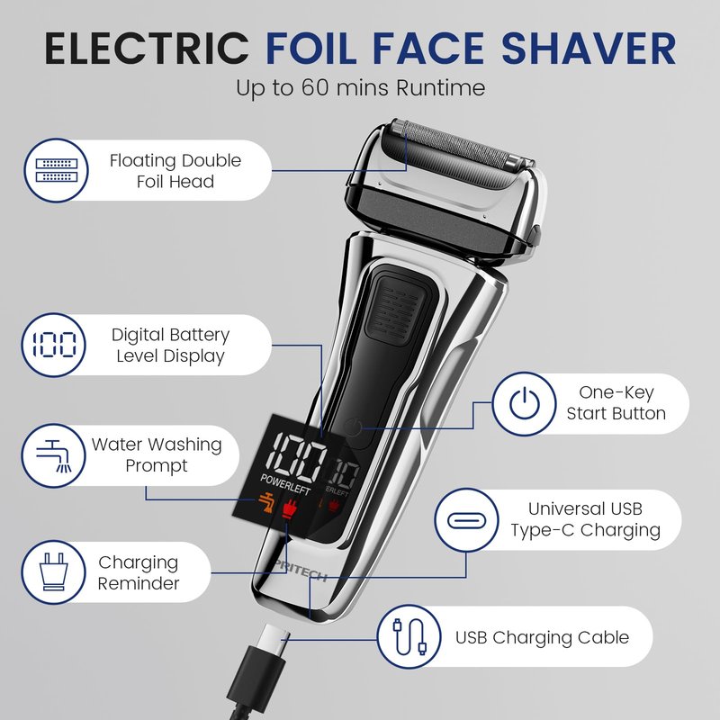 PRITECH Foil Shaver for Men, Electric Razor with Tight Foil Technology, Skin-Friendly Design, Easy Blade Replacement, Cordless Rechargeable with Pop-Up Trimmer, LED Display,Waterproof