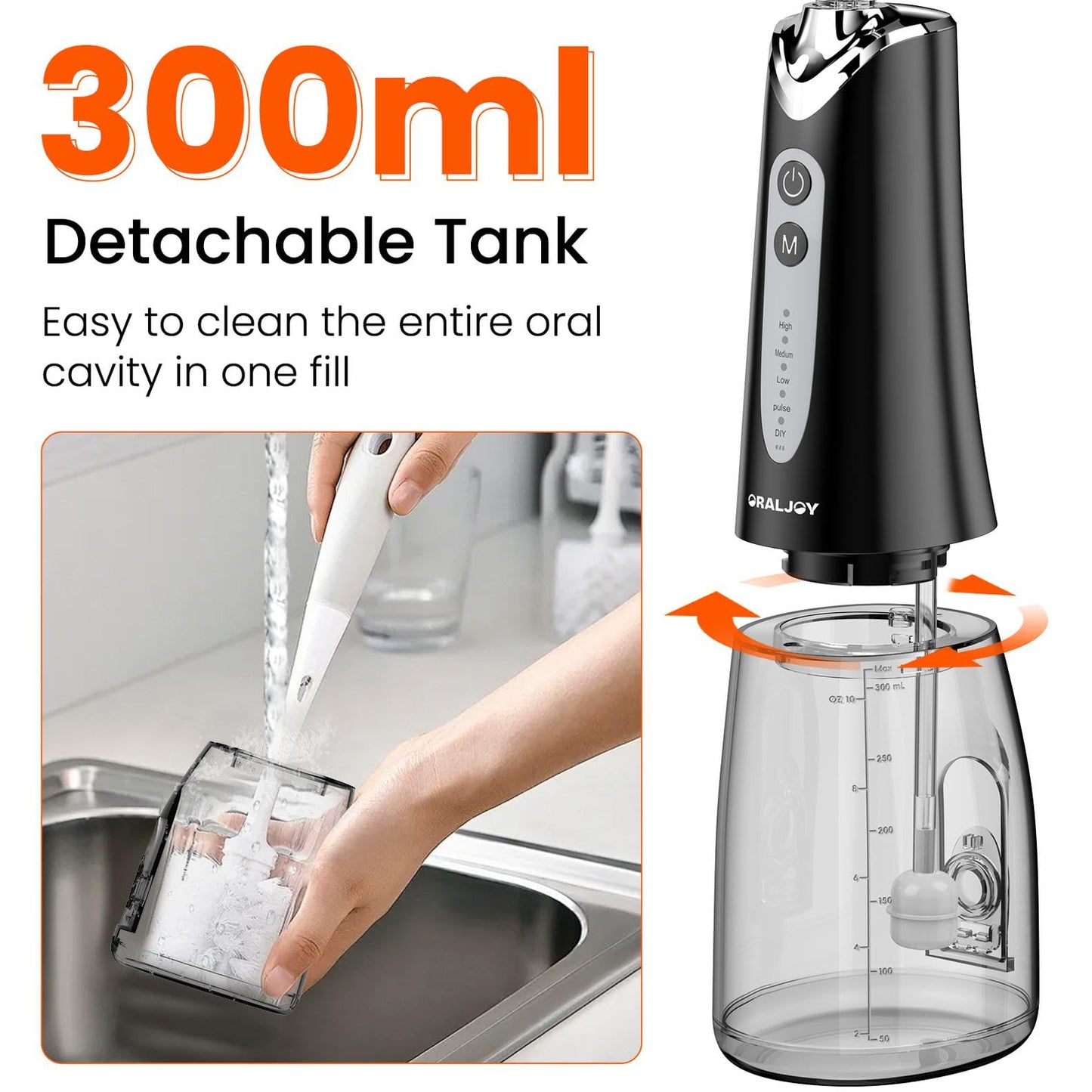 Water Dental Flosser Pick for Teeth - 300ML Portable Cordless Oral Irrigator, Rechargeable Irrigation Cleaner Professional Electric Flossing Machine for Teeth Cleaning Power Flosser Travel (Black)