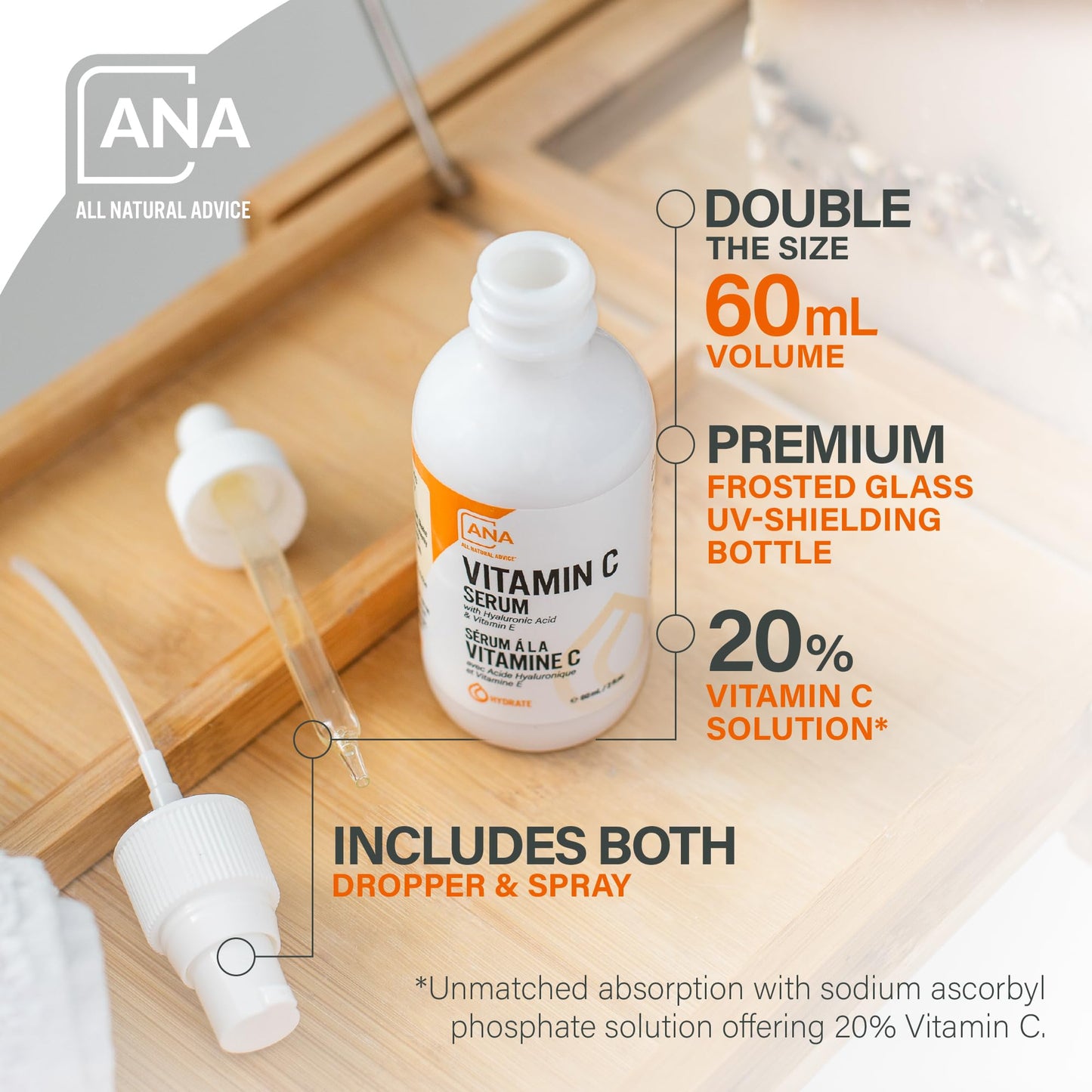 All Natural Advice Vitamin C Serum 60mL | 20% Vitamin C Face Serum Solution with Organic Botanicals, Hyaluronic Acid & Vitamin E | UV-Shielding Glass Bottle, Spray & Dropper | Canadian Skin Care