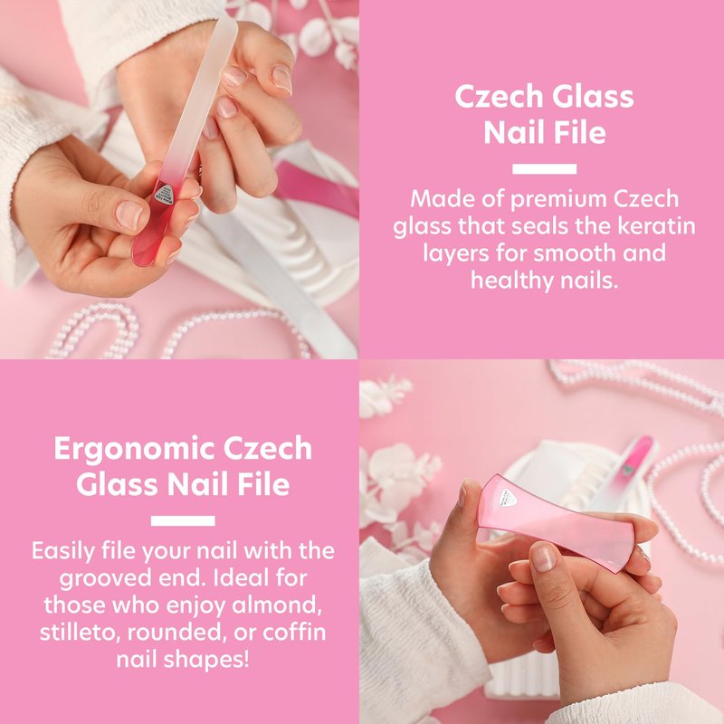 Glass Nail File Set by Bona Fide Beauty - Ergo File - Premium Nail Care Tools Genuine Czech Glass (Pink Bow)