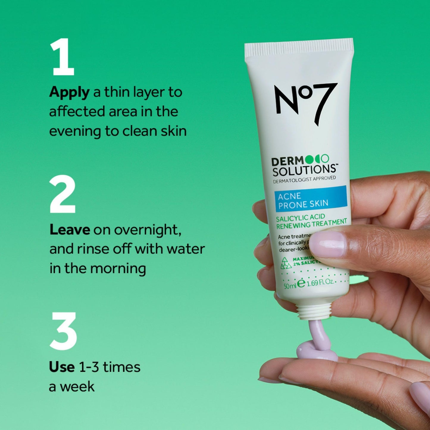 No7 Derm Solutions 2% Salicylic Acid Acne Treatment for Face - Pimple Cream with Maximum Strength for Clearer Skin - Non-Drying Exfoliating Formula for Acne Prone Skin (1.69 fl oz)