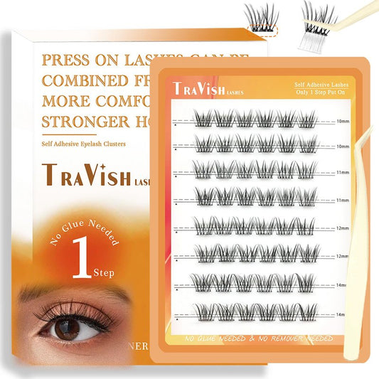 Travish D Curl Self Adhesive Lash Clusters 48Pcs 10-14mm, Natural Wispy Volume Press On Lashes No Glue DIY Eyelash Extensions with Tweezers