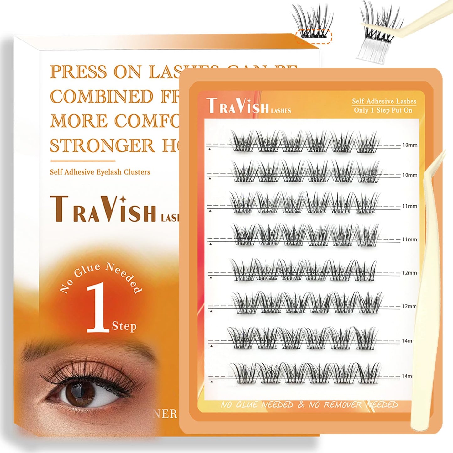 Travish D Curl Self Adhesive Lash Clusters 48Pcs 10-14mm, Natural Wispy Volume Press On Lashes No Glue DIY Eyelash Extensions with Tweezers