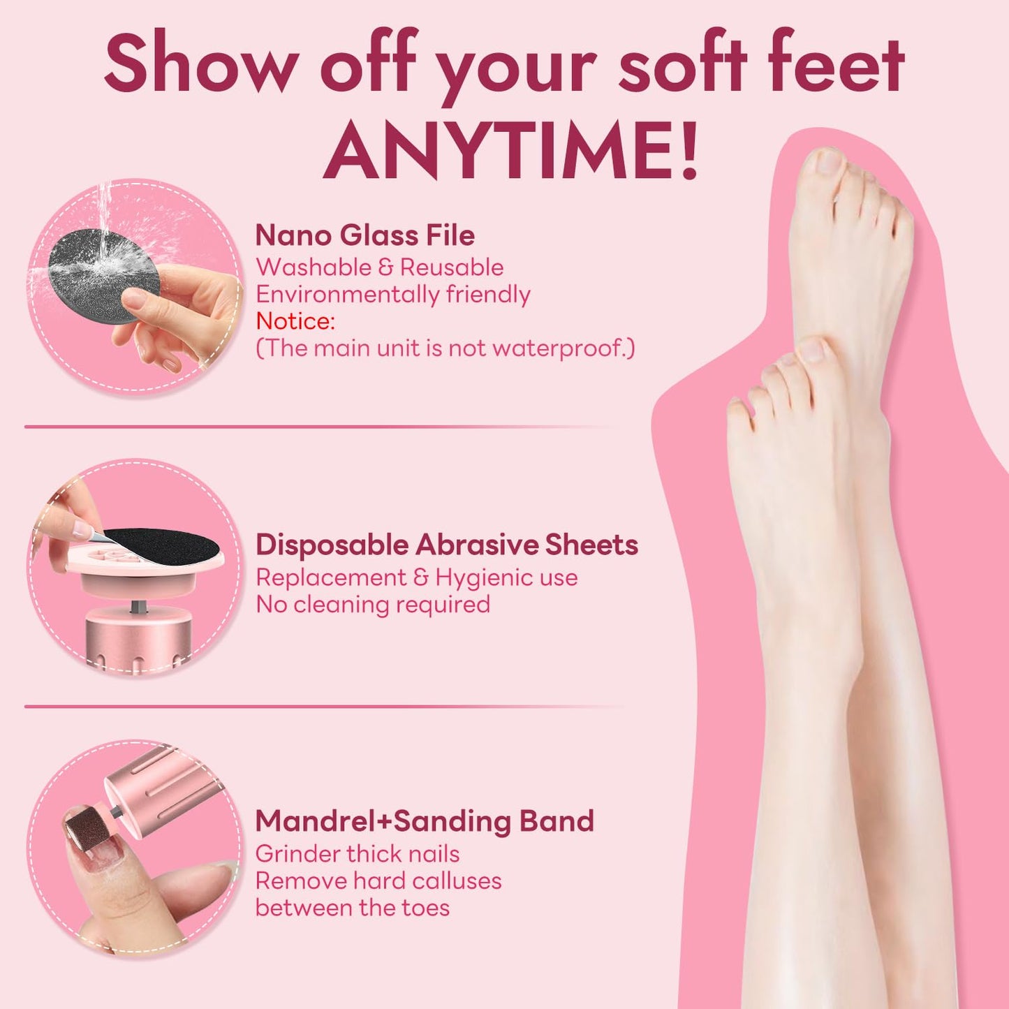 JINYAWA Electric Foot Callus Remover - 2-in-1 Rechargeable Cordless Foot File with LCD Display & 6 Speeds - Professional Foot Sander for Dead Skin, Thick Nails, Heels and Soles (Pink)