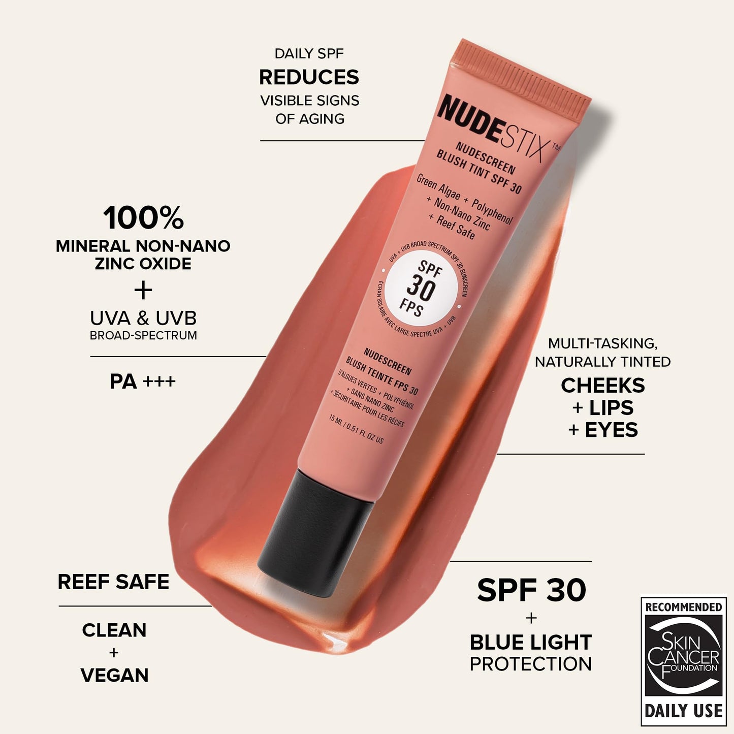 Nudestix Nudescreen Blush Tint SPF 30 – Multi-Use Liquid Blush for Cheeks, Eyes & Lips with Mineral Sunscreen | Broad-Spectrum UVA/UVB & Blue Light Protection | Sunkissed
