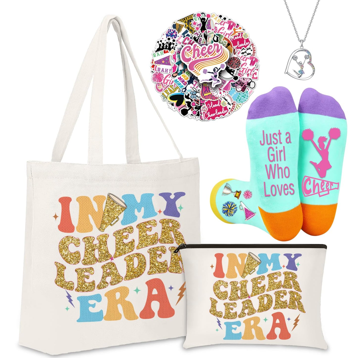 FJHAIY Cheerleader Gifts Set Women Including Cheerleader Makeup Bags Cheerleader Necklace Cheerleading Socks Cheerleader Stickers-Cheerleader Lovers Gifts