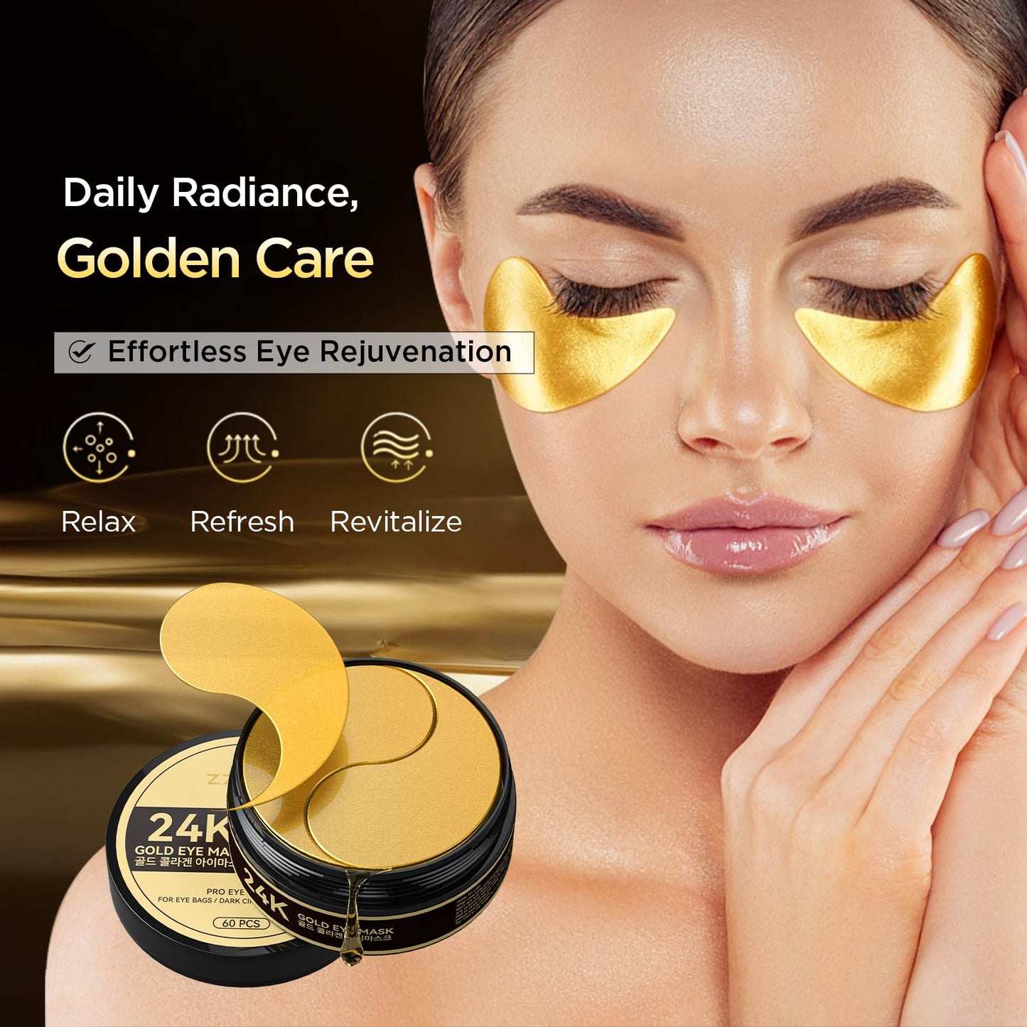 ZZILME 24k Gold Eye Patches - Firming, Glowing & Hydrating Hydrogel Mask for Puffy Eyes, Dark Circles, Wrinkles, Fine Lines, Eye Bags Treatment, Korean Skincare Gifts for Women and Men, 60Pcs