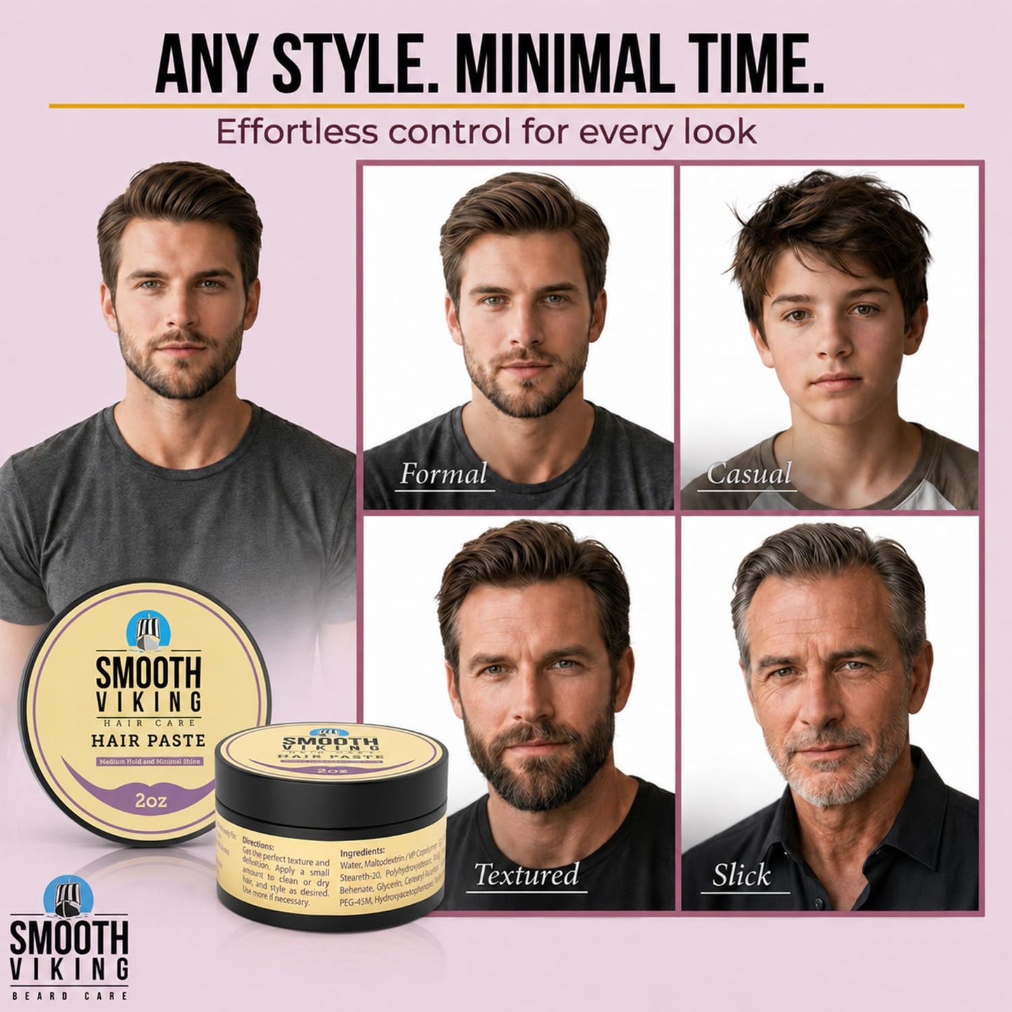 Smooth Viking Hair Paste for Men - Natural Matte Styling Paste for Textured Messy Hairstyle Hair Cream, Hair Styling Cream with Minimal Shine & Medium Hold Hair Products for Men, Made in USA, 2oz