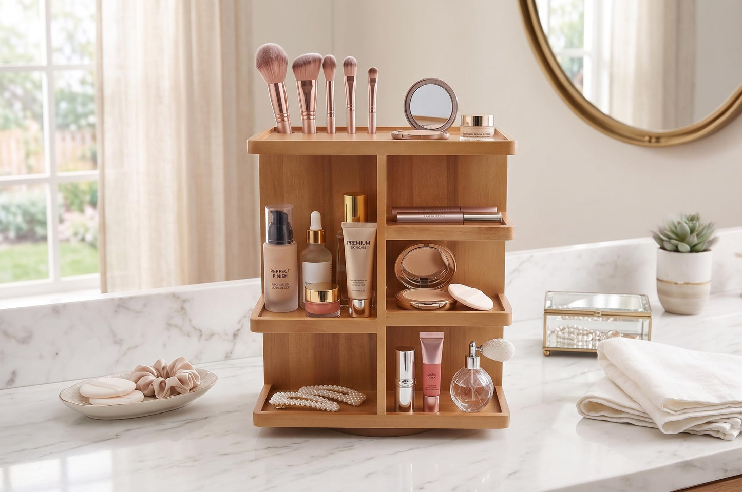 Spiretro Rotating Cosmetic Modular Organizer, Multi-Function Storage, 360 degree Carousel for Makeup, Toiletries, Vanity, Desk, Countertop, Bedroom, Closet, Solid Natural Wood with Acacia Brown