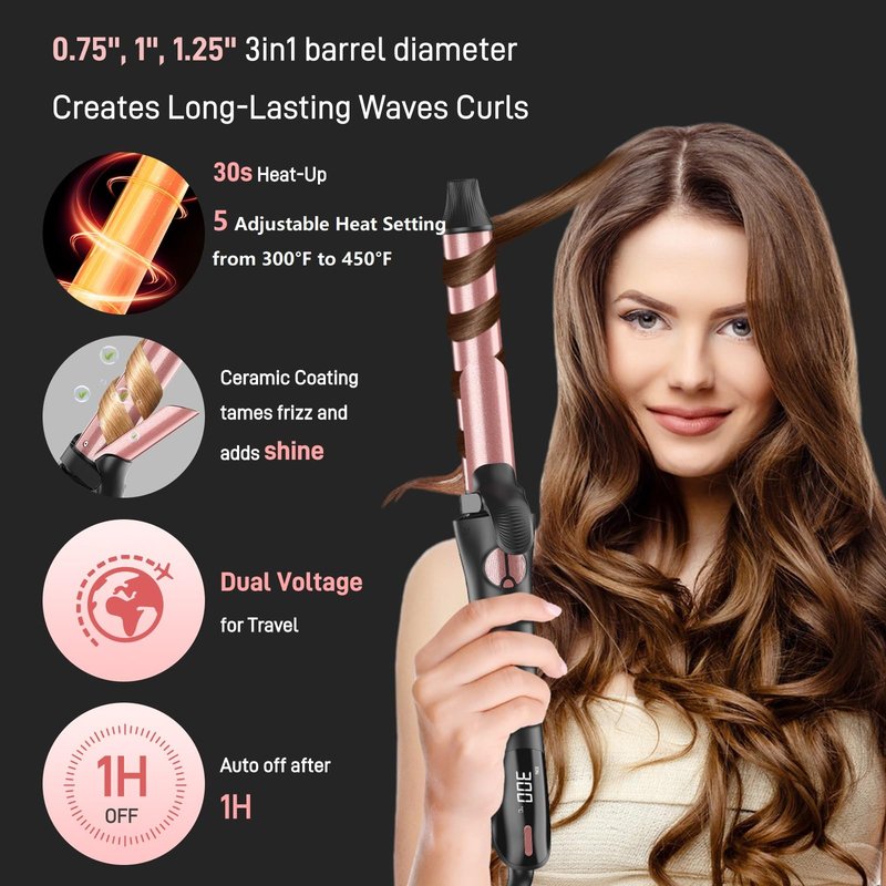 Rotating Curling Iron - 3 in1 Automatic Curling Irons with Interchangeable CurlingWand, 3/4, 1 1/4, 1 Inch for Lasting Beach Waves, Adjustable Temp, Instant Heat, Dual Voltage (Rose Gold)