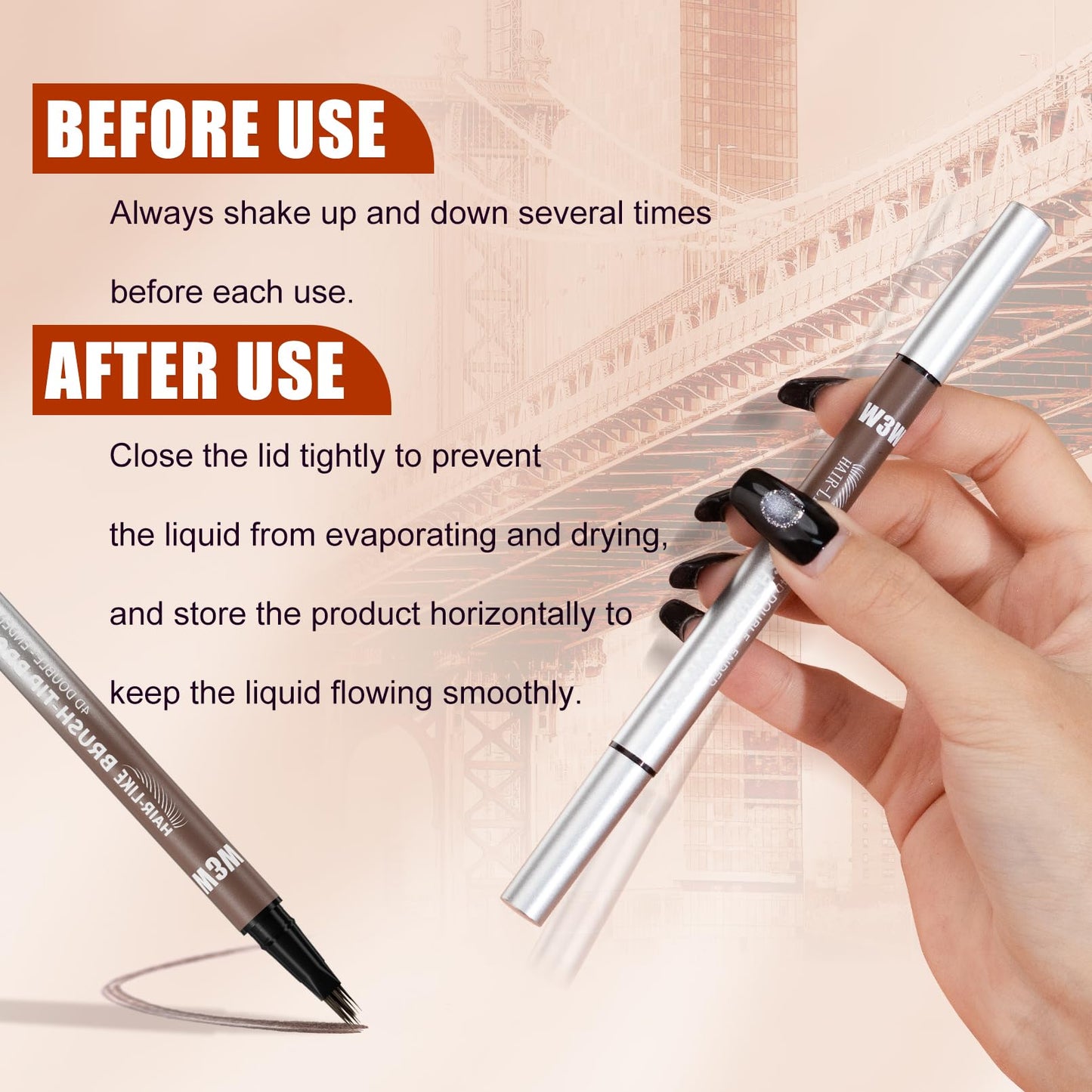 DUDUDU Eyebrow Pen for Women - Dual-Ended Microblading Pen with Multi-Prong Tip & Brow Brush, Waterproof, Creates Realistic 4D Hair-Like Strokes, Long-Lasting Dark Brown