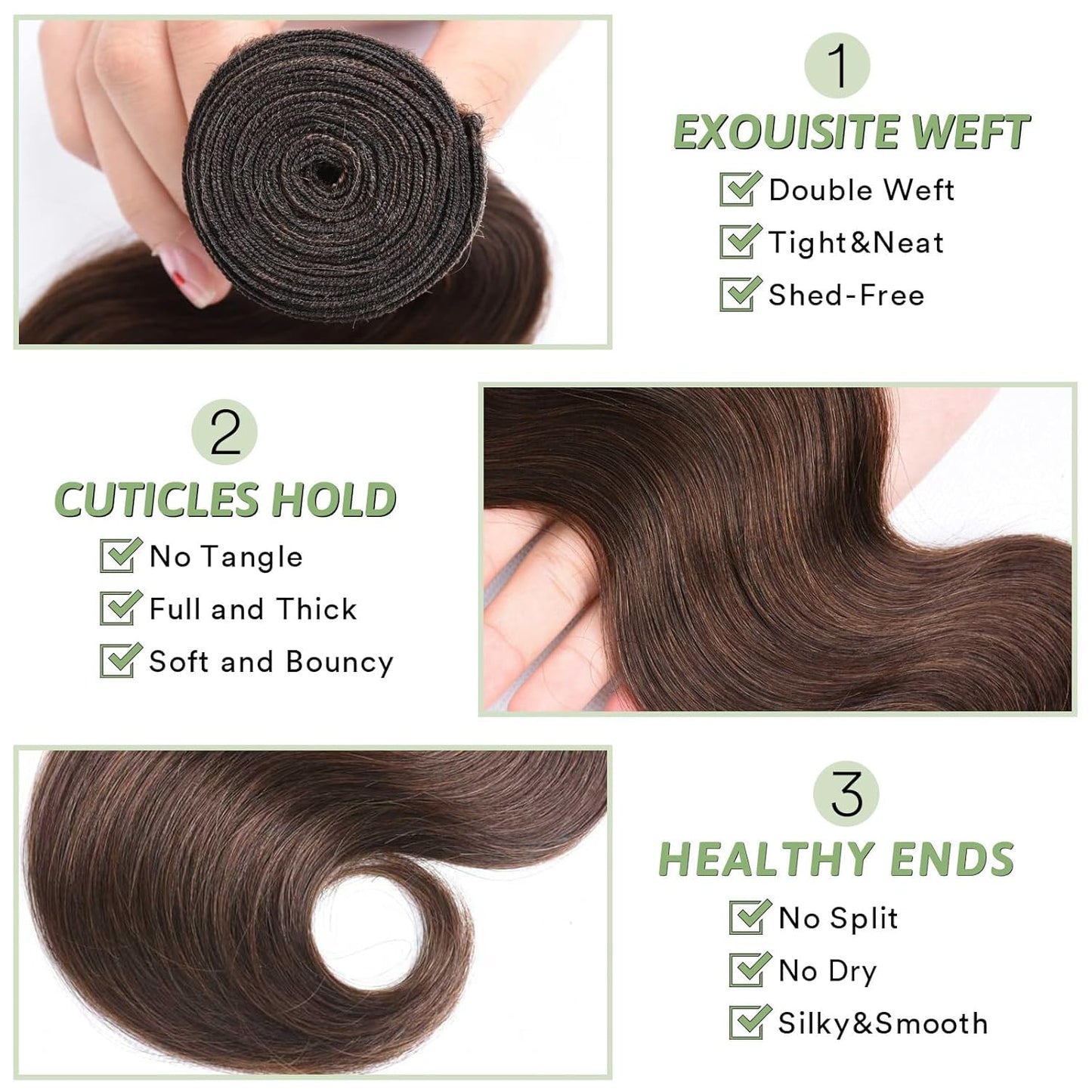 #4 Chocolate Brown Human Hair Bundles Body Wave 12 12 12 inch 100% Unprocessed Brazilian Virgin Hair Extensions 12A Quick Weave Bundles Human Hair Double Weft