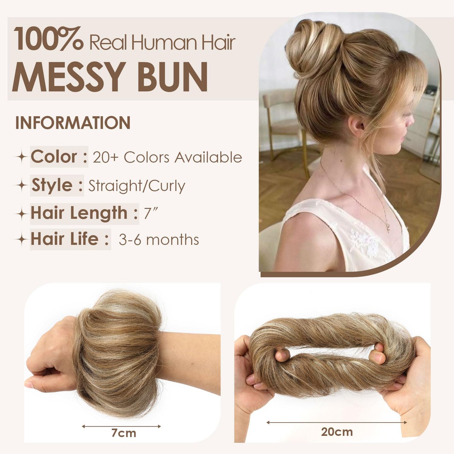 KISANOF Messy Bun Hair Piece Human Hair Honey Brown Highlighted Bleach Blonde UElegant Chignon with Elastic Rubber Band(2 Count #P6-613 Honey Brown Highlighted Bleach Blonde