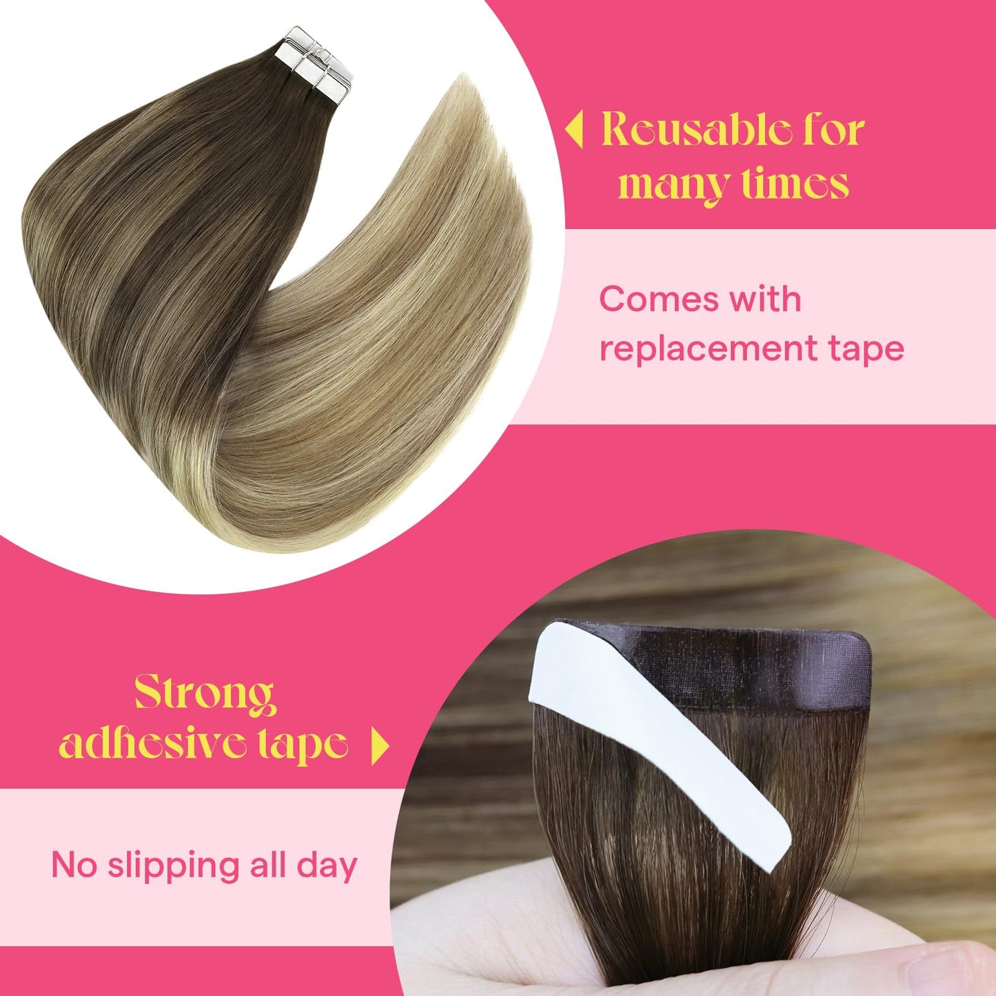 VeSunny Balayage Hair Extension Tape Ins 16inch 50grams Double Sided White Tapes Hair Extensions Color Brown #4 Fading To #16 Dark Golden Blonde Mixed With #60 Platinum Blonde 20pcs 50Gram