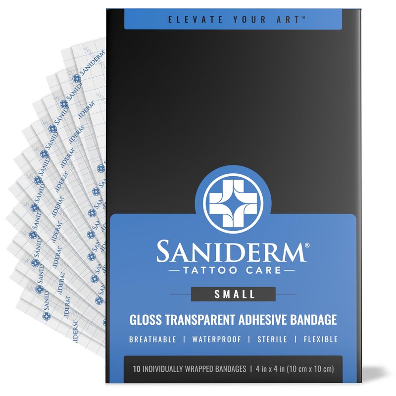 Saniderm Tattoo Aftercare Bandage 10 Sheets (Small Pack, 4 in x 4 in) – Convenient, Faster Tattoo Healing and Protection – Sterile, Waterproof, and Latex-Free