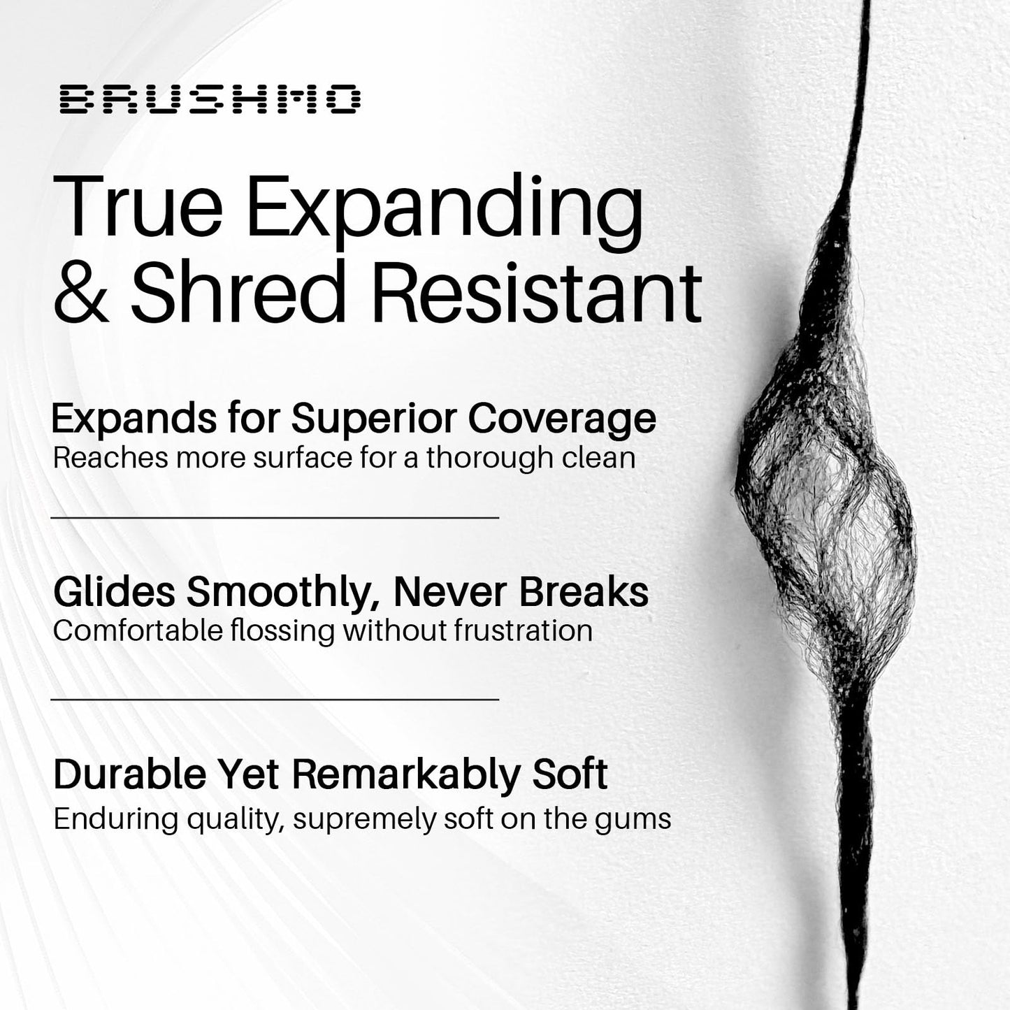 Brushmo Black Floss (BBFloss) - Expanding Floss, Gum-Friendly Soothing Mint Dental Floss, Natural Vegan Wax to Remove Plaque from Teeth, US-Dentist Designed PTFE & PFAS Free Oral Care, 1 Spool, 55 yd