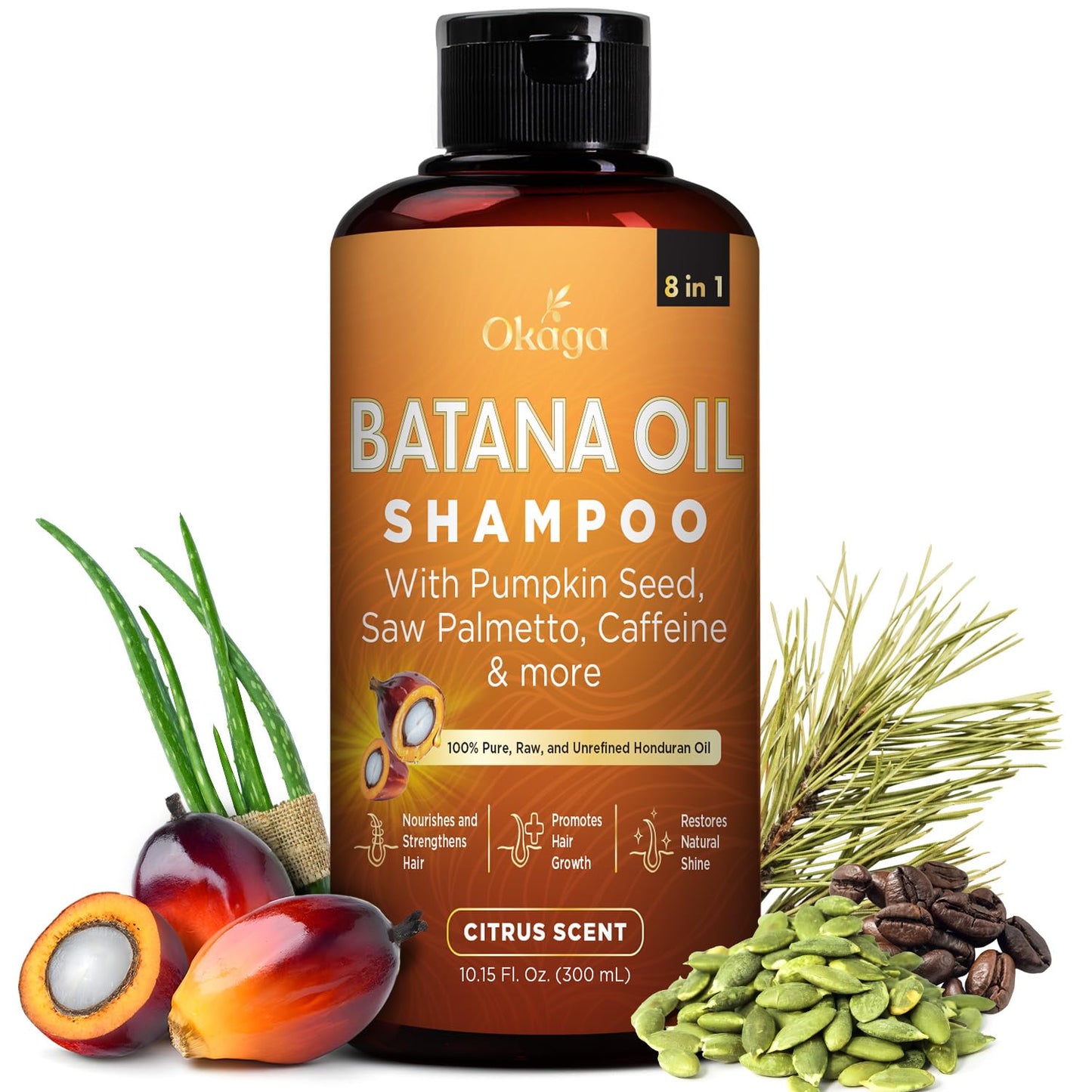 Batana Oil Shampoo for Hair Growth, Aloe Vera Leaf Juice, Saw Palmetto, Caffeine, Hydrolyzed Rice Protein, Pumpkin Seed, Castor & Rosemary Oils, 8-in-1 Natural Formula (10.15 fl oz Citrus Scent)