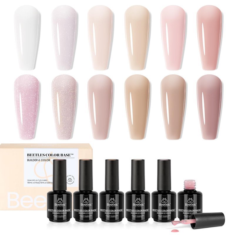 Beetles 12 Color Rubber Base Gel Polish, Nude Gel Nail Polish 5 in 1 Nude Porcelain Milky White Strengthener Soak Off U V Nail Art Design DIY at Home Gifts for Women
