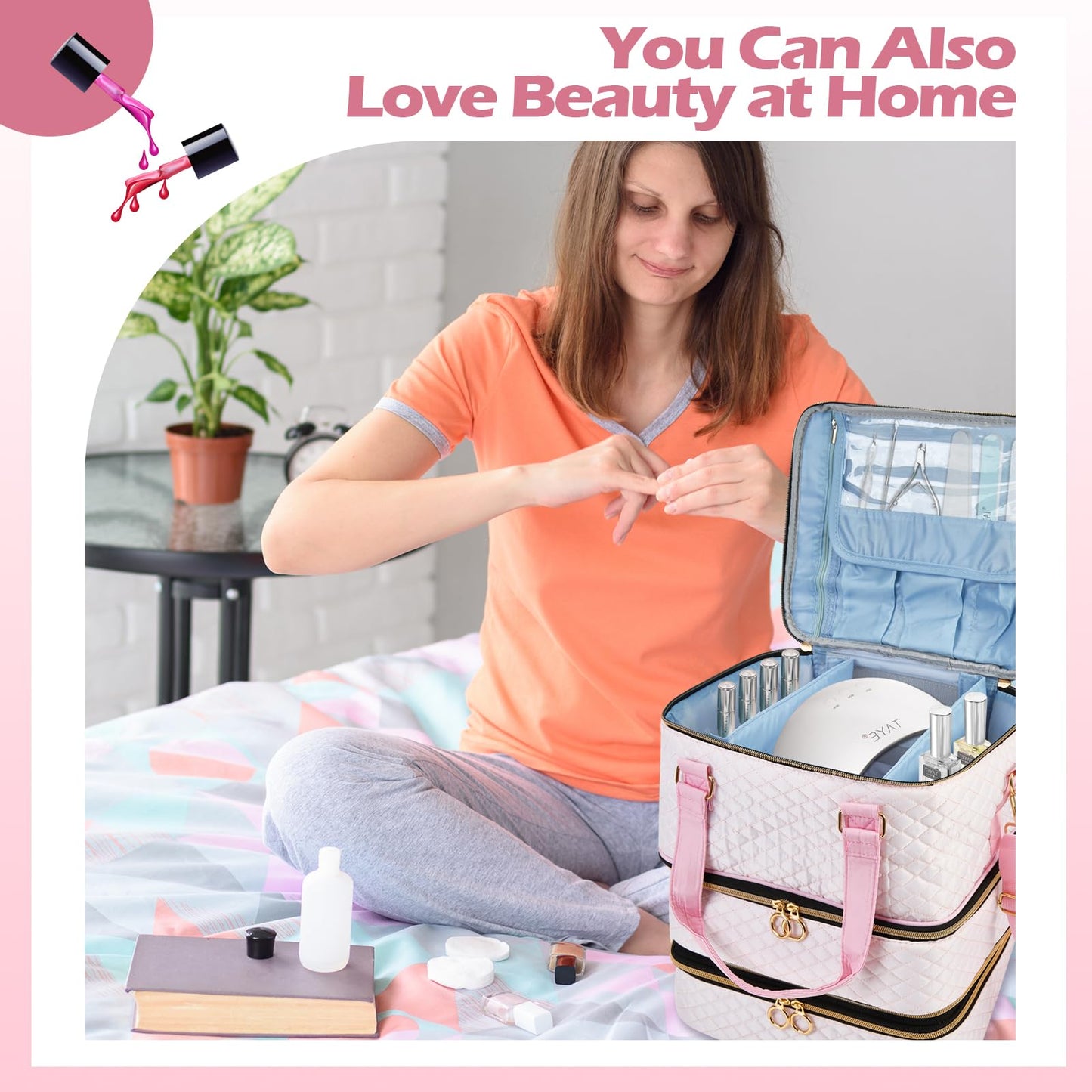 Cheungren Nail Polish Organizer Case - Three Layer Nail kit Storage Bag with Adjustable Dividers Holds 84 Bottles Nail Polish Nail Lamp Nail Kit Supplies Organizer Box - Pink
