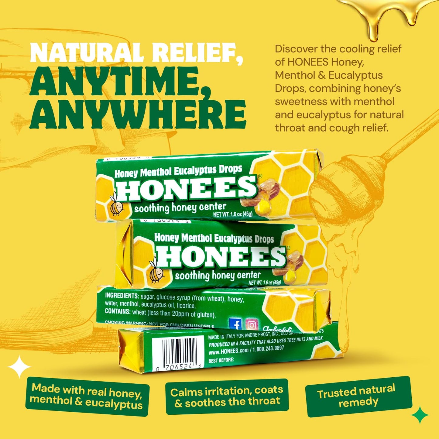 Honees Filled Menthol Cough Drops, Honey, Menthol & Eucalyptus Cough Drops- Natural Sore Throat Relief - Nothing Artificial -Throat Lozenges, Non-GMO (6 Pack –54 Drops)