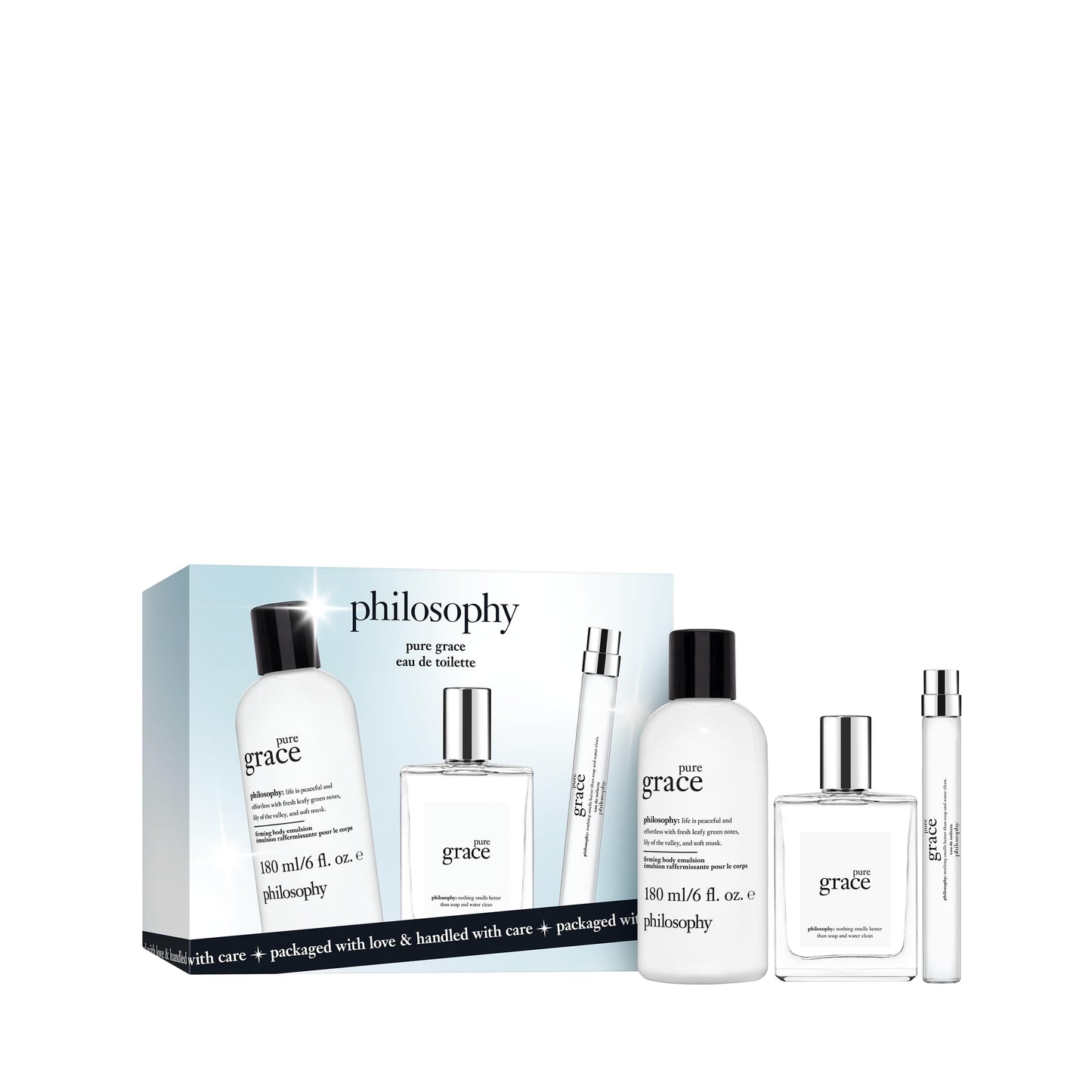 philosophy pure grace eau de toilette 3-piece gift set for women ($114 value) - 2 oz edt, 0.33 oz travel spray, 6 oz body emulsion - long lasting floral fragrance