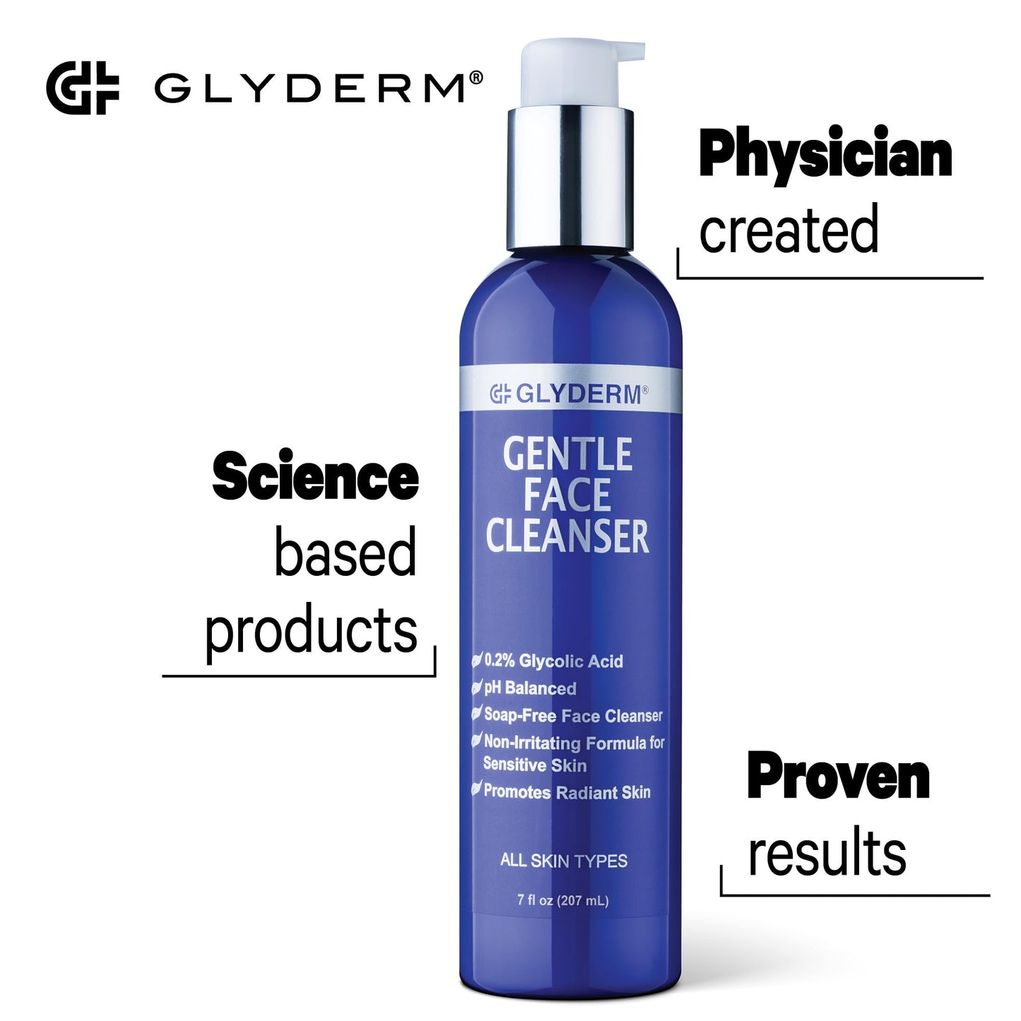 GlyDerm® Gentle Face Cleanser | Soap-free Concentrated Cleanser | 0.2% Esterified Glycolic Acid | Gently Exfoliates as it Cleans | Gentle Enough for Twice Daily Use | All Skin Types | 7 oz pump