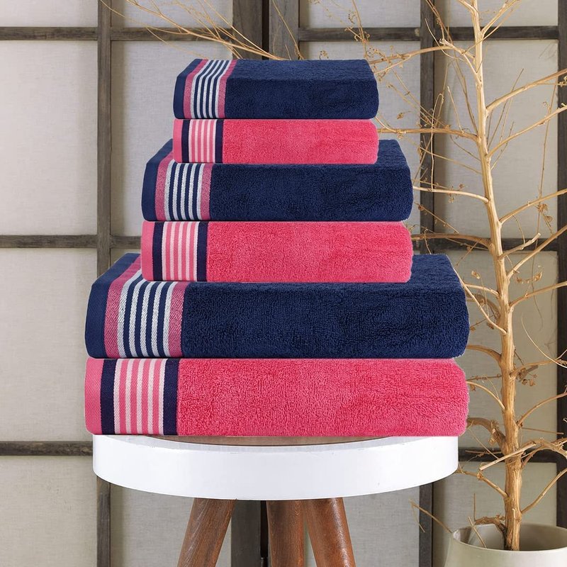 CASA COPENHAGEN He & She 6 Pieces Towel Set- Dutch Blue + Pink, 550 GSM 2 Bath Towel 2 Hand Towel 2 Washcloth, Designed in Denmark Made of Soft Egyptian Cotton for Bathroom, Kitchen & Shower