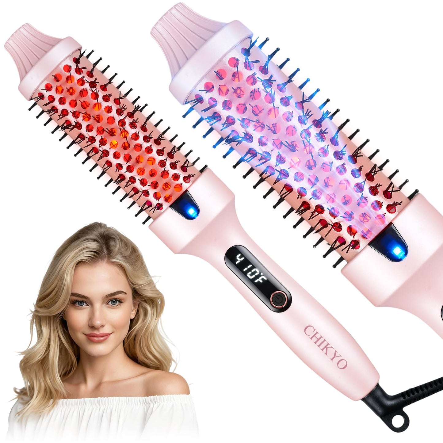CHIKYO Upgraded Infrared Thermal Brush, 1.5 Inch Heated Round Brush, Negative Ion Curly Hair Brush, Curling Iron with Dual Voltage & Dual PTC & 6 Heat Settings, Pink