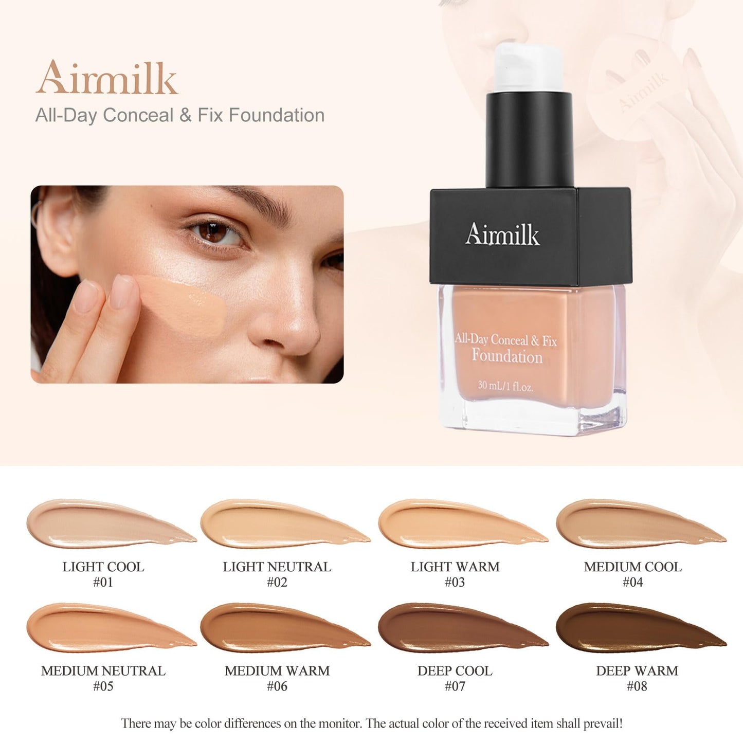 Airmilk Full Coverage Natural Liquid Foundation, Skincare Makeup with Salicylic Acid, Tattoo Cover, for All Skin Types, Sensitive Skin 30ml（MEDIUM COOL）