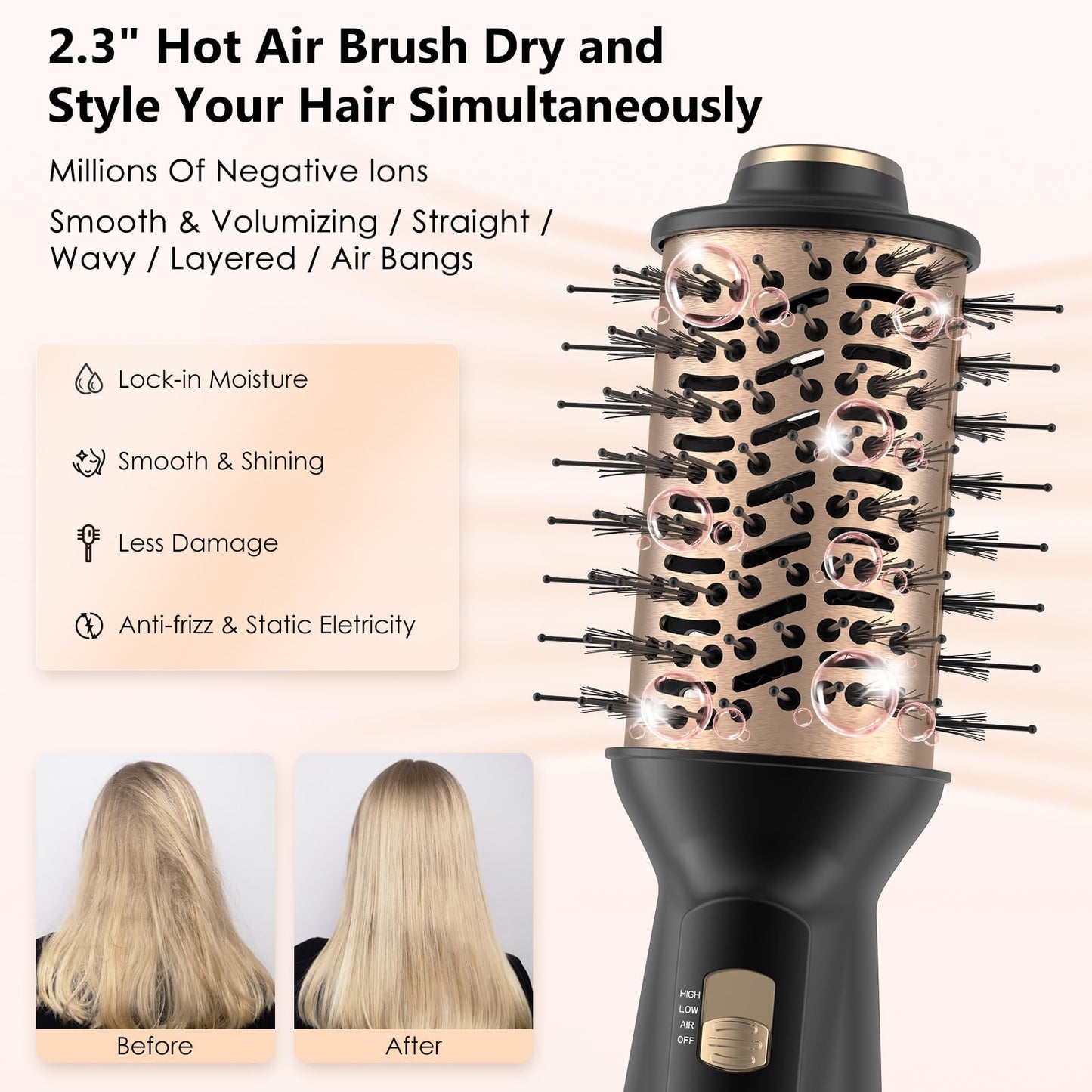 4 in 1 Travel Dual Voltage Hair Dryer Brush, Mini Auto Blow Dryer Brush in one, 2 Inch Hot Air Brush and Styler for Home & Salon, 3 Heat Settings with EU&UK Plug (Gold)