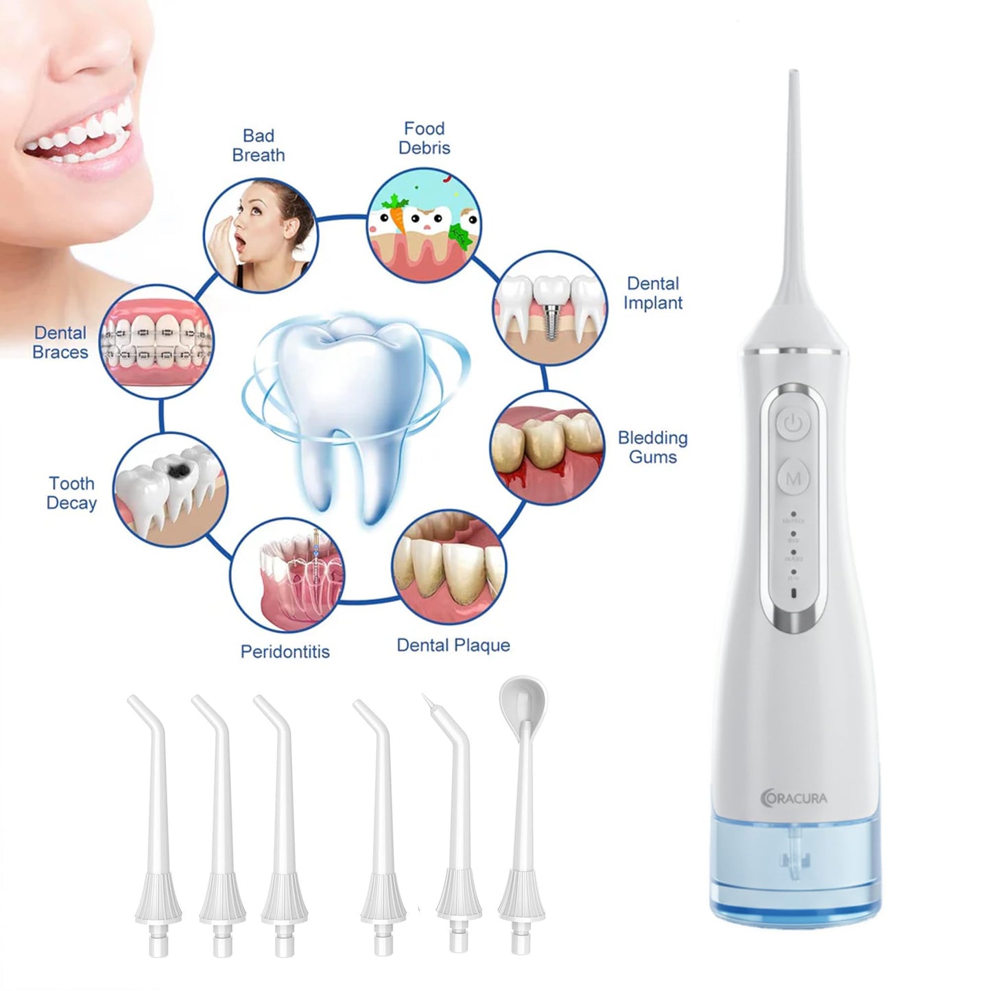 AURAVO Portable Cordless Water Flosser – 320ml Oral Irrigator for Teeth Cleaning | USB Rechargeable, IPX7 Waterproof, 1400–1800 Pulses/Min | Travel-Friendly Dental Floss Device for Braces & Gums