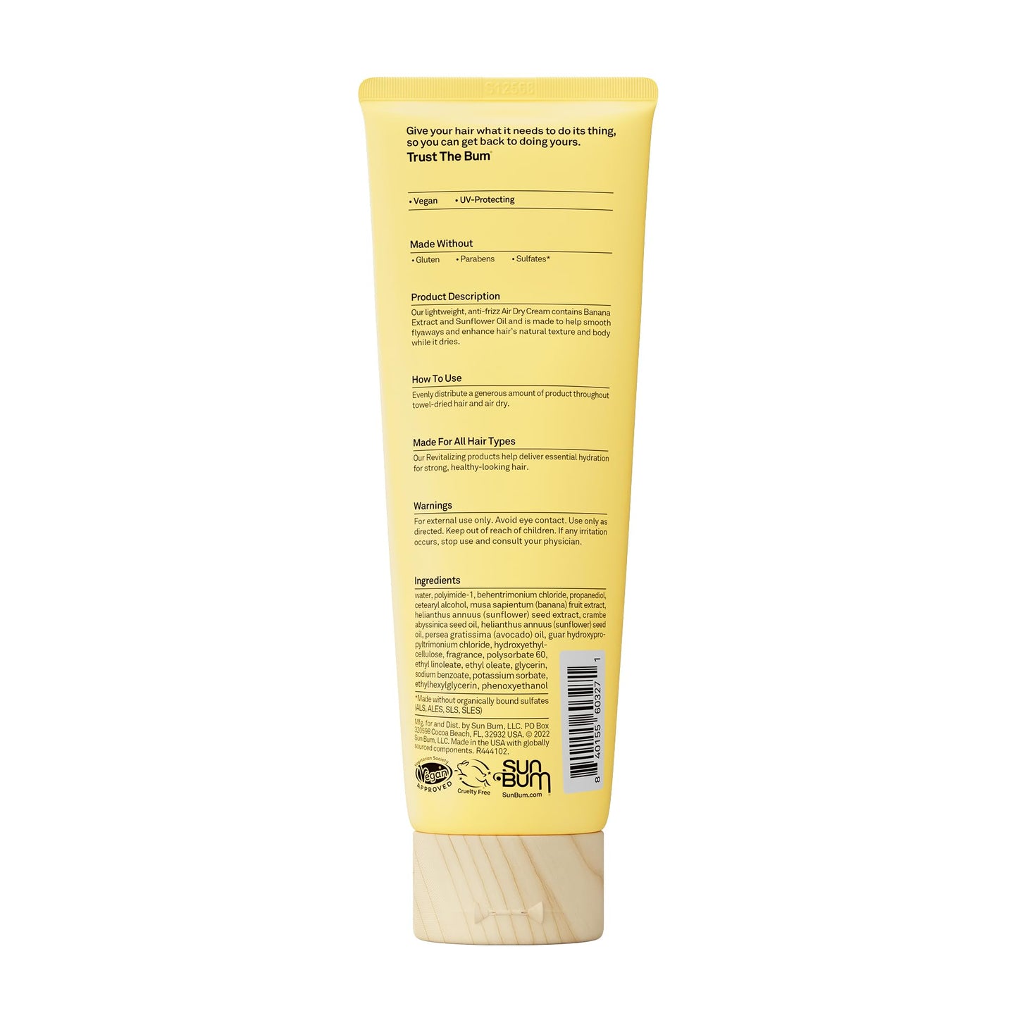 Sun Bum Revitalizing Air Dry Cream - Anti Frizz Styling Cream with Banana Extract and Sunflower Oil - Vegan - Without Parabens - UV Protecting - Helps Smooth and Enhance Hair Texture - 6 fl oz