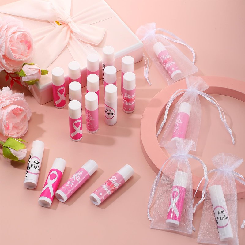 Fumete 50 Sets Breast Cancer Awareness Accessories Gifts Lip Balm Bulks Pink Ribbon Breast Cancer Awareness Items Decorations Natural Ingredients Survivor Gifts Items for Girl Women