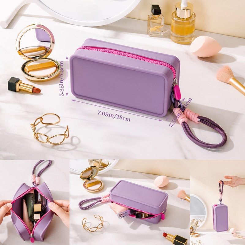 Travistar Silicone Travel Makeup Bag - Small Make Up Pouch Portable Cosmetic Bag Travel Makeup Organizer Bag Waterproof Toiletry Bag Womens Brush Holder Bag with Zipper Closure Small Size Pink