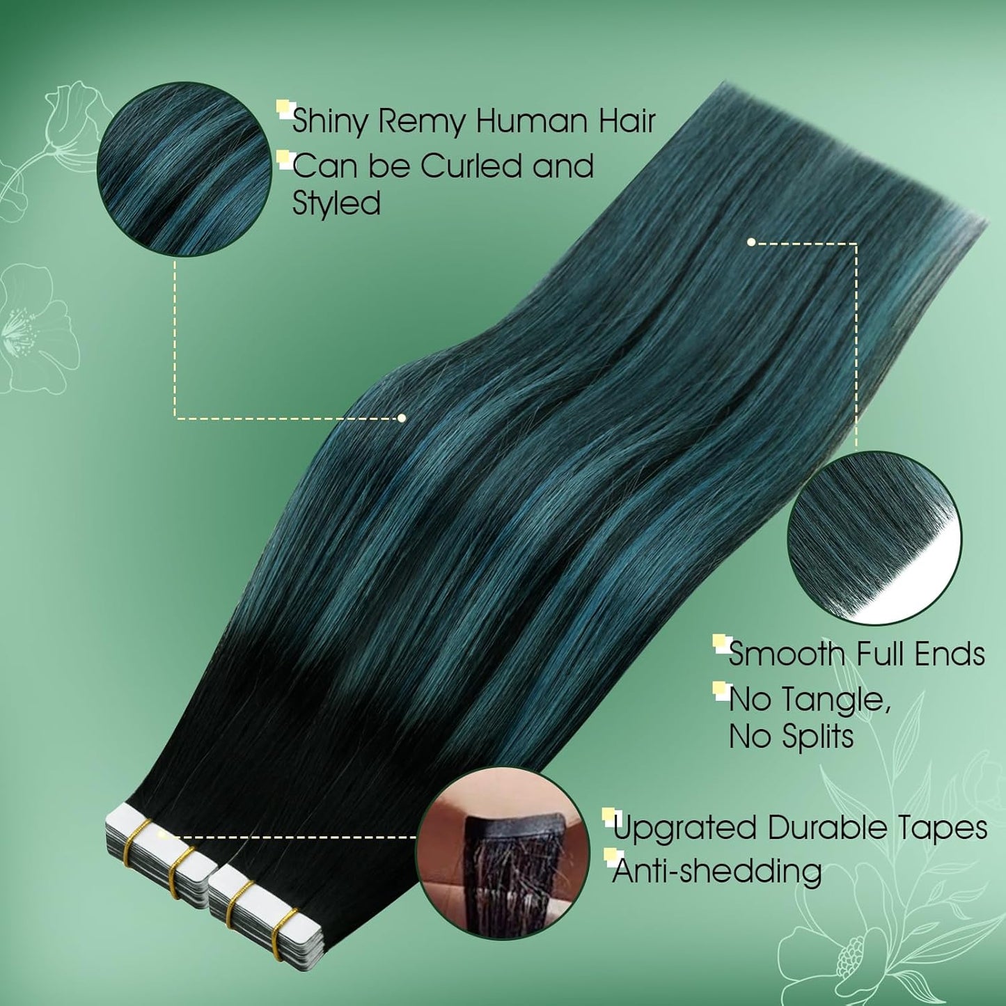 Ombre Tape-In Hair Extensions | 14-Inch Human Hair, Natural Black to Teal & Blue | Remy Soft, Straight, 20 Pcs