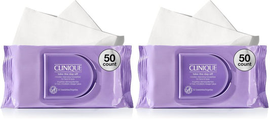 Clinique Take The Day Off Micellar Cleansing Makeup Remover Wipes For Face and Eyes For All Skin Types No Water Required Perfect- Gym or Travel, 50 Count (Pack of 2)