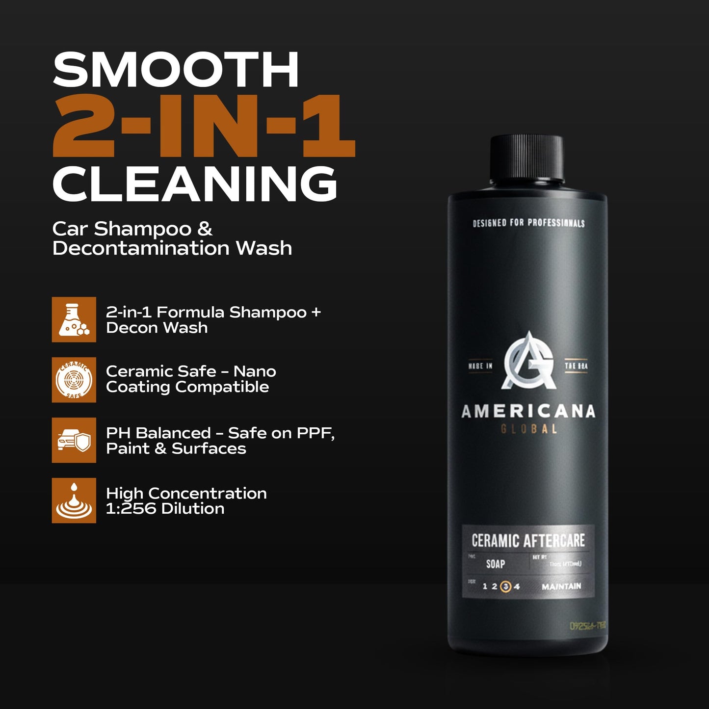 Americana Global Ceramic Aftercare Soap (16 fl. oz) – pH Neutral 2-in-1 Car Shampoo for Ceramic Coatings, Made in USA, High Foaming, Safe on All Surfaces, Boosts Hydrophobic Protection
