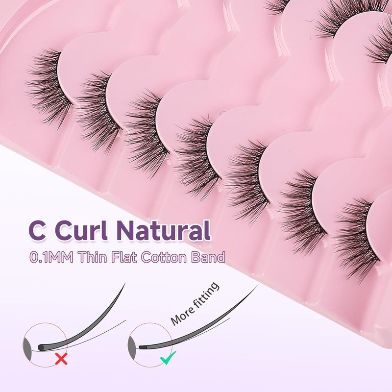 Natural Look Half Eyelashes - 14mm Cat Eye Wispy Lash Strips | 3D Volume Soft C Curl, 7 Pairs