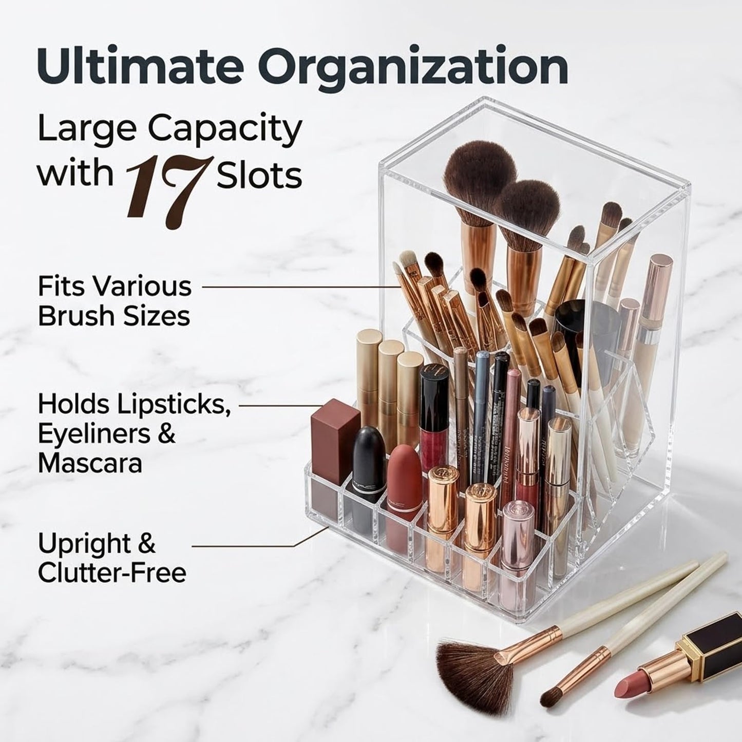 VORA Makeup Brush Holder, Clear Make Up Brush Holder Organizer with 17 Slots, Tilt Open Large Makeup Brush Holde with Lid, Acrylic Makeup Organizer for Vanity Decor Office Home