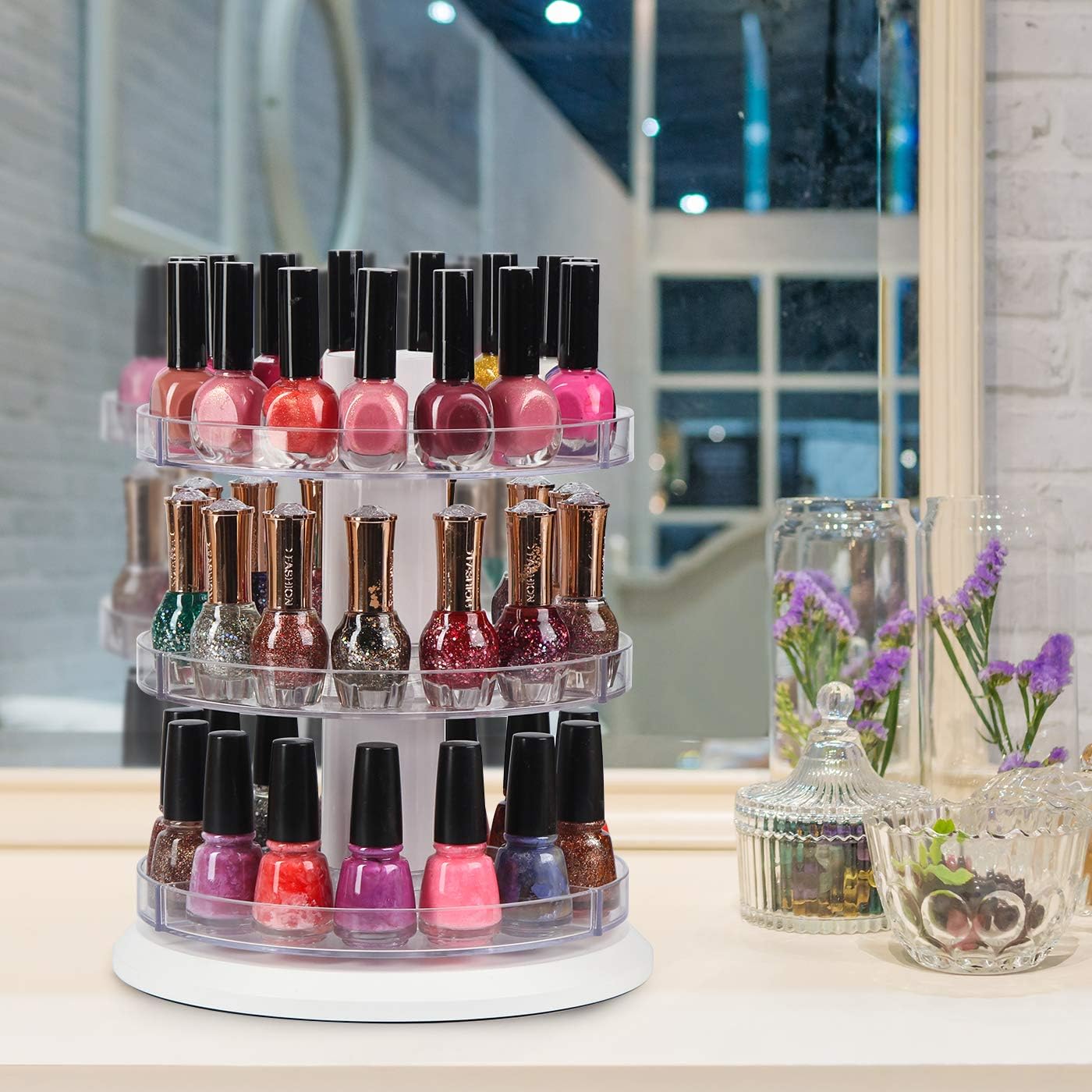 Acrylic Rotating Nail Polish Display Stand - 3-Tier Spinning Rack Holds 69-117 Bottles | Makeup & Essential Oil Organizer