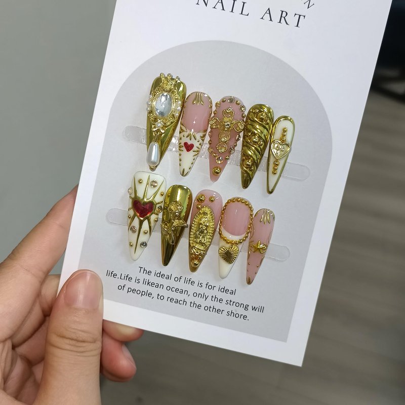 TENPAL 10Pcs Handmade Egyptian Press On Nails With Tools,Golden Palace Long Stiletto Glue on Nails,Glossy Sacred Rose & Cross Charms Fake Nails with Crystal Luxe,Acrylic Nails for Women Gifts(M)