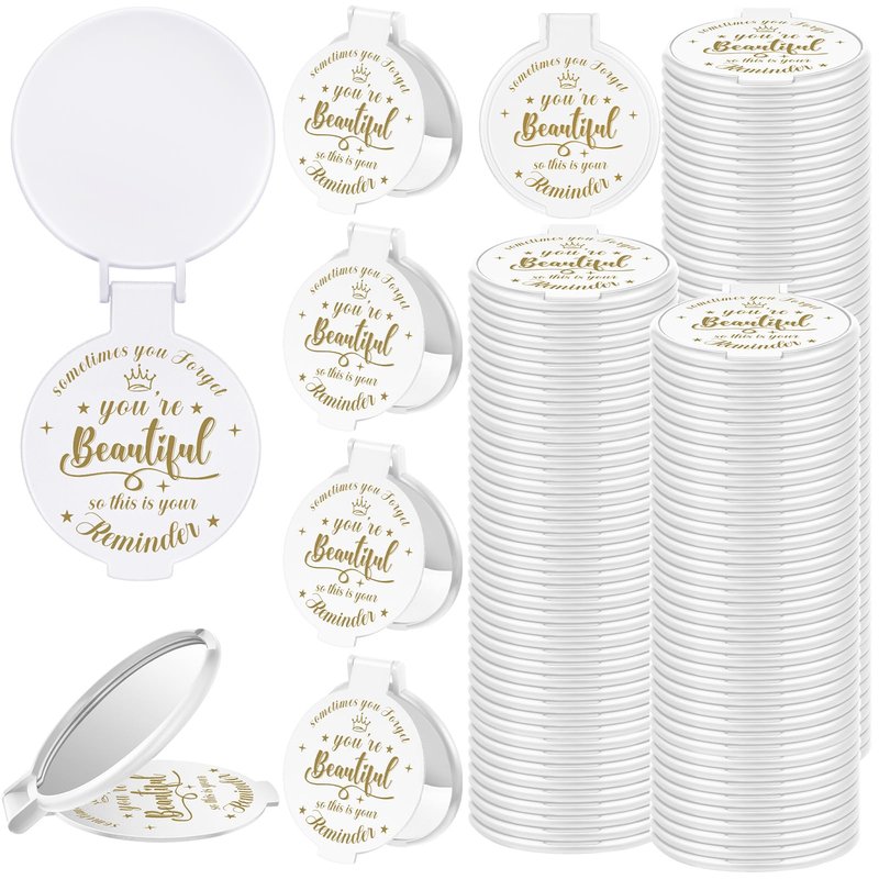 Gulfmew 100 Pcs 2.76 Inch Inspirational Compact Mirror Bulk Women Small Gifts Graduation Mothers Day Party Favors Purse Mirror Pocket Mini Items for Adult Coworker Cheerleader Swag Bag (White)