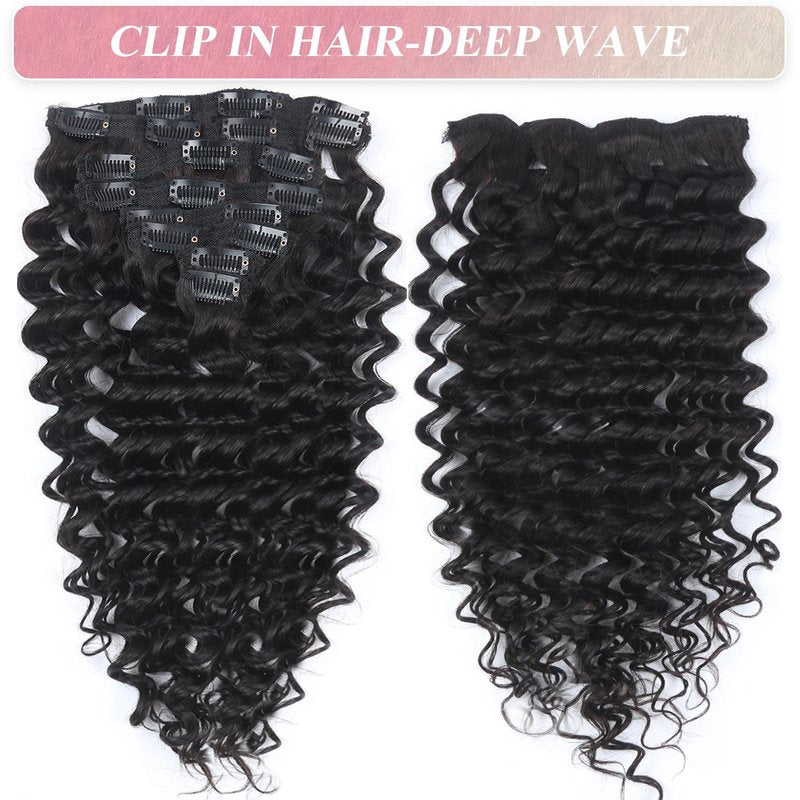 Deep Wave Clip in Hair Extensions Real Human Hair 16 Inch Deep Curly Clip ins for Women Invisible Seamless Remy Human Hair Clips in Extensions 8pcs 100g/3.5oz 20 Clips Double Weft Natural Black