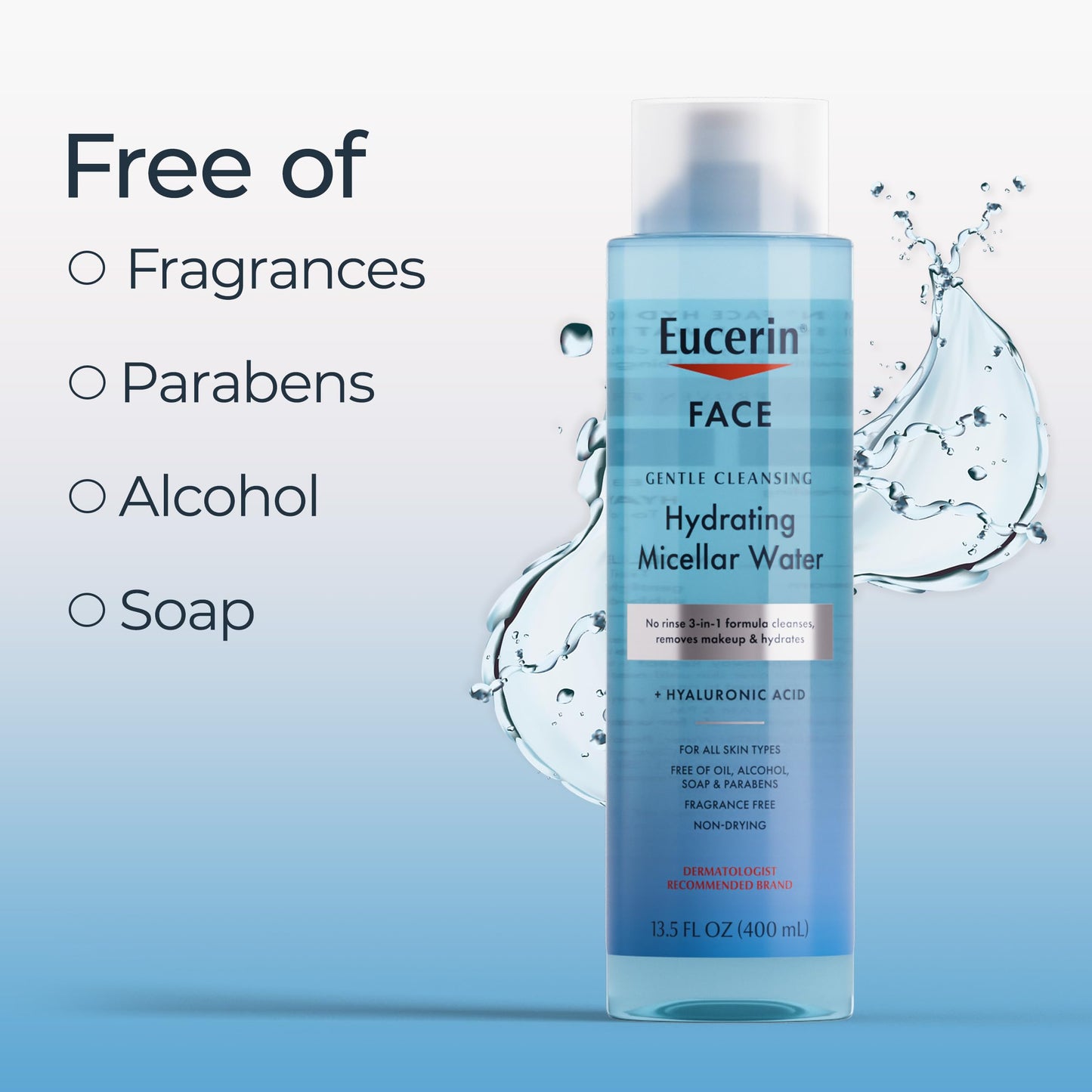 Eucerin Face Gentle Cleansing Hydrating Micellar Water with Hyaluronic Acid, Face Cleanser and Makeup Remover, Fragrance Free and Non-Drying for All Skin Types, 13.5 Fl Oz Bottle