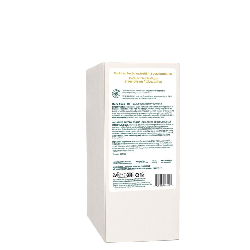 ATTITUDE Liquid Hand Soap, EWG Verified, Plant and Mineral-Based, Vegan Personal Care Products, Earl Grey & Fresh Cucumber Scent, Bulk Refill Format, 67.6 Fl Oz