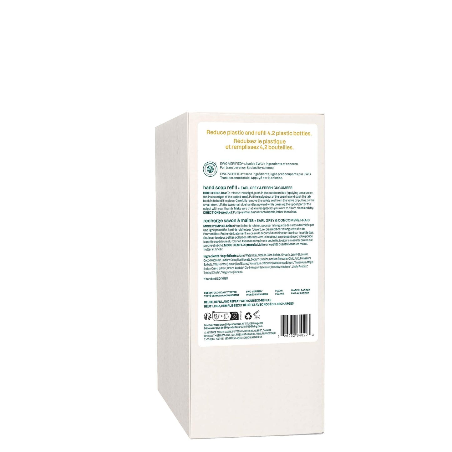 ATTITUDE Liquid Hand Soap, EWG Verified, Plant and Mineral-Based, Vegan Personal Care Products, Earl Grey & Fresh Cucumber Scent, Bulk Refill Format, 67.6 Fl Oz