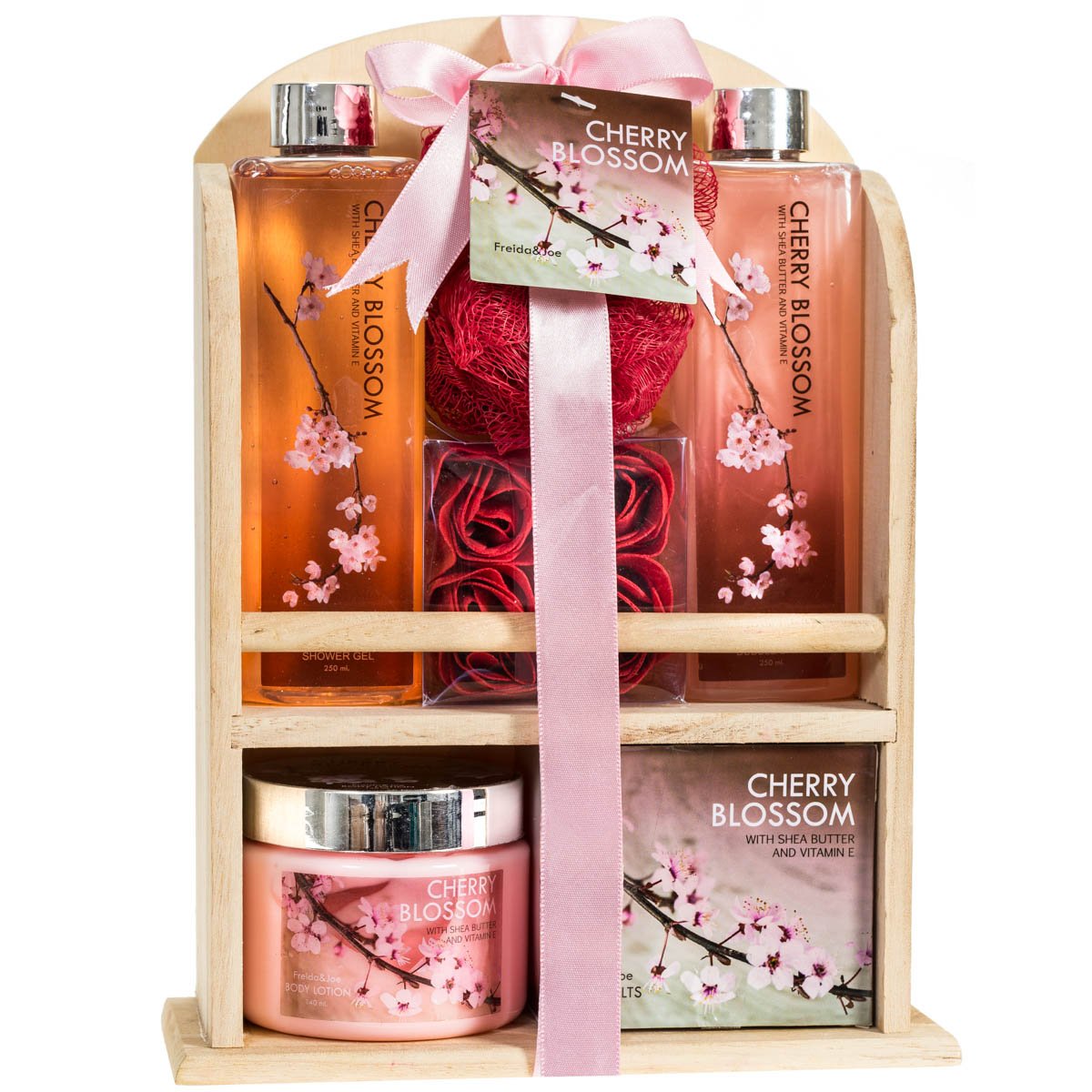 Deluxe Cherry Blossom Spa Basket | Home Spa Set with Bubble Bath, Bath Salts & Rose Soaps - Perfect Mother's Day Gift for Mom
