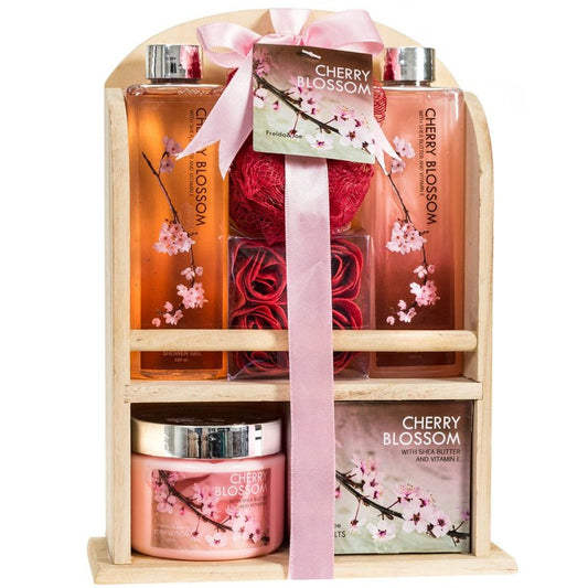Deluxe Cherry Blossom Spa Basket | Home Spa Set with Bubble Bath, Bath Salts & Rose Soaps - Perfect Mother's Day Gift for Mom