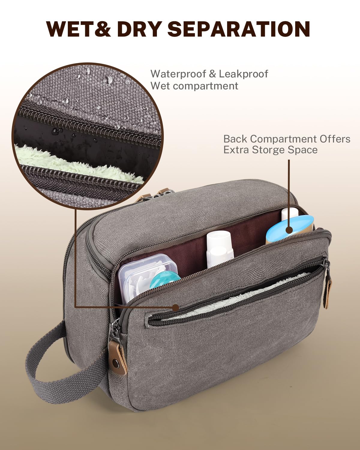 Gonex Travel Toiletry Bag for Men, Water Resistant Canvas Wide Open Shaving Bag with Wet Dry Compartment, Travel Essentials Toiletries Organizer, Grey